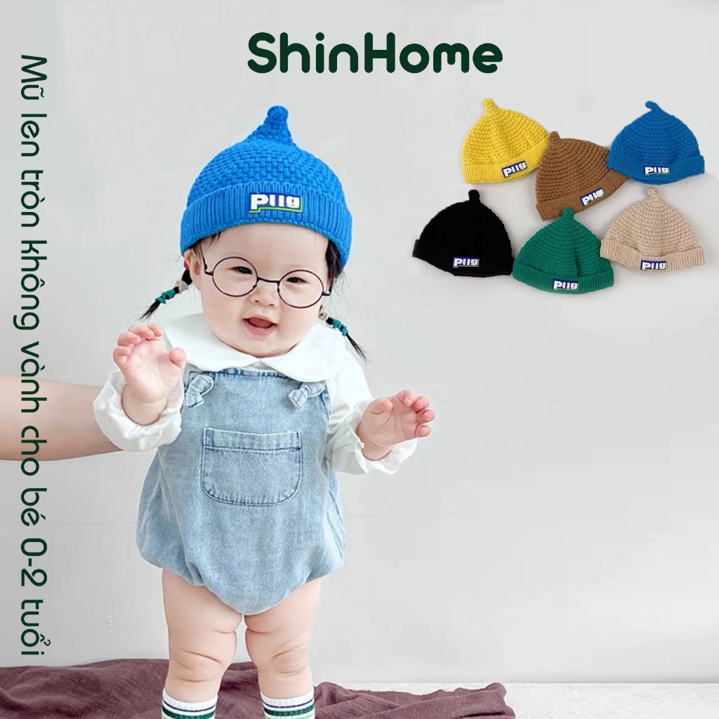 Mũ nón tròn mùa đông cho bé trai bé gái sơ sinh 0-2 tuổi chữ Pug chất len dệt kim ShinHome