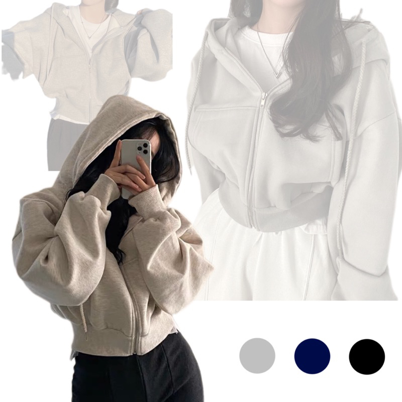 Áo Khoác Nỉ Hoodie Zip Croptop Chất Nỉ Ngoại Mũ 2 Lớp