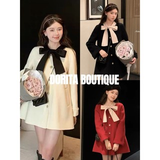 [SALE PB] Áo Dạ Ép đính nơ phối màu siêu đẹp dáng xòe nhẹ Hàn Quốc DORITA BOUTIQUE