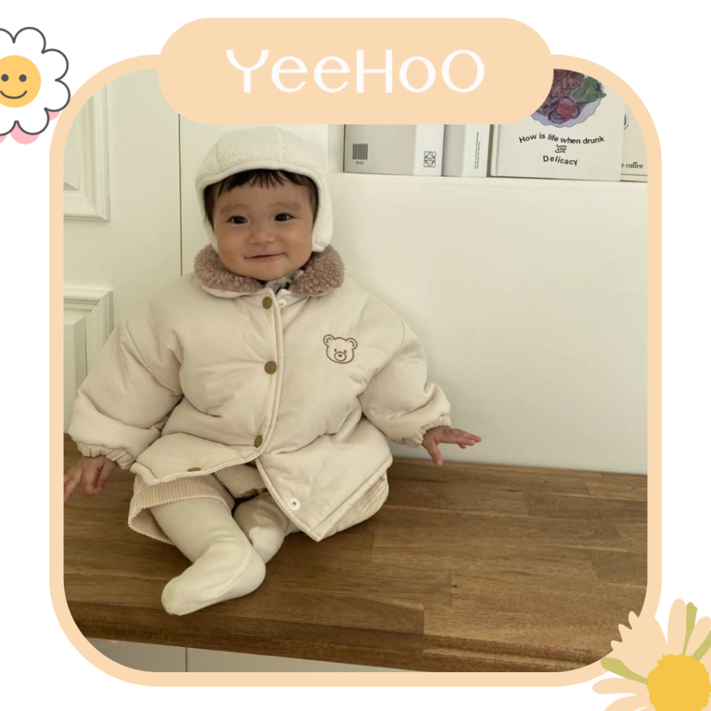 Áo Khoác Trần Bông Lót Nỉ Cổ Lông YeeHoo Cho Bé Mùa Đông Có In Gấu Ngực Từ 5 - 17kg