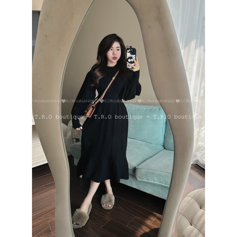 Váy Len Dáng Dài Tay Bồng Chiết Eo L1