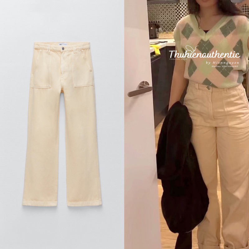 (Sẵn eo 68/70) Quần jean thẳng ôm vừa màu cam kem túi lớn mã code: 8197/215/080 ZARA chính hãng(kèm ảnh thật)