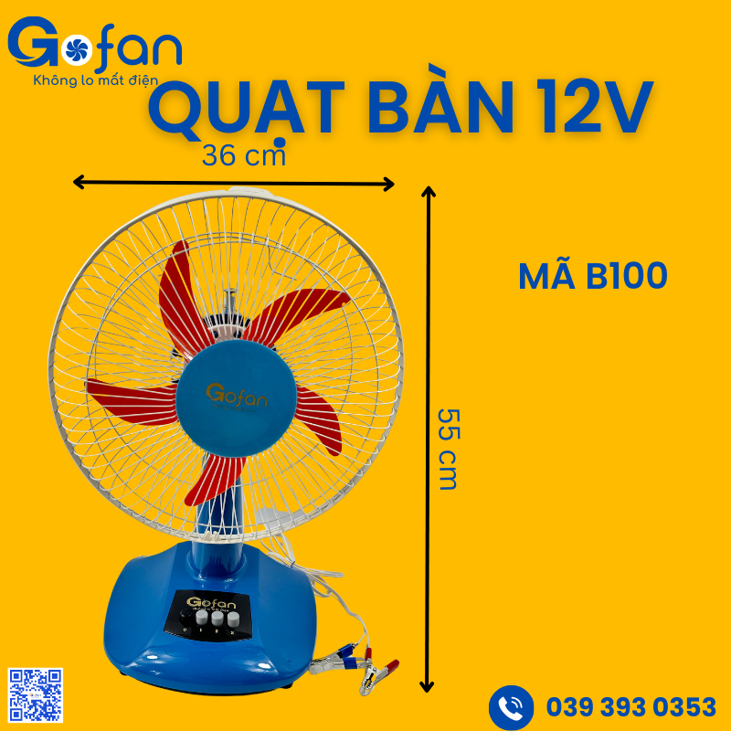 Quạt bàn kẹp bình ắc quy 12V -18W- sải cánh 30cm- lồng 35cm-cao 56cm- hiệu Gofan-có sẵn hàng HCM-Xanh lam