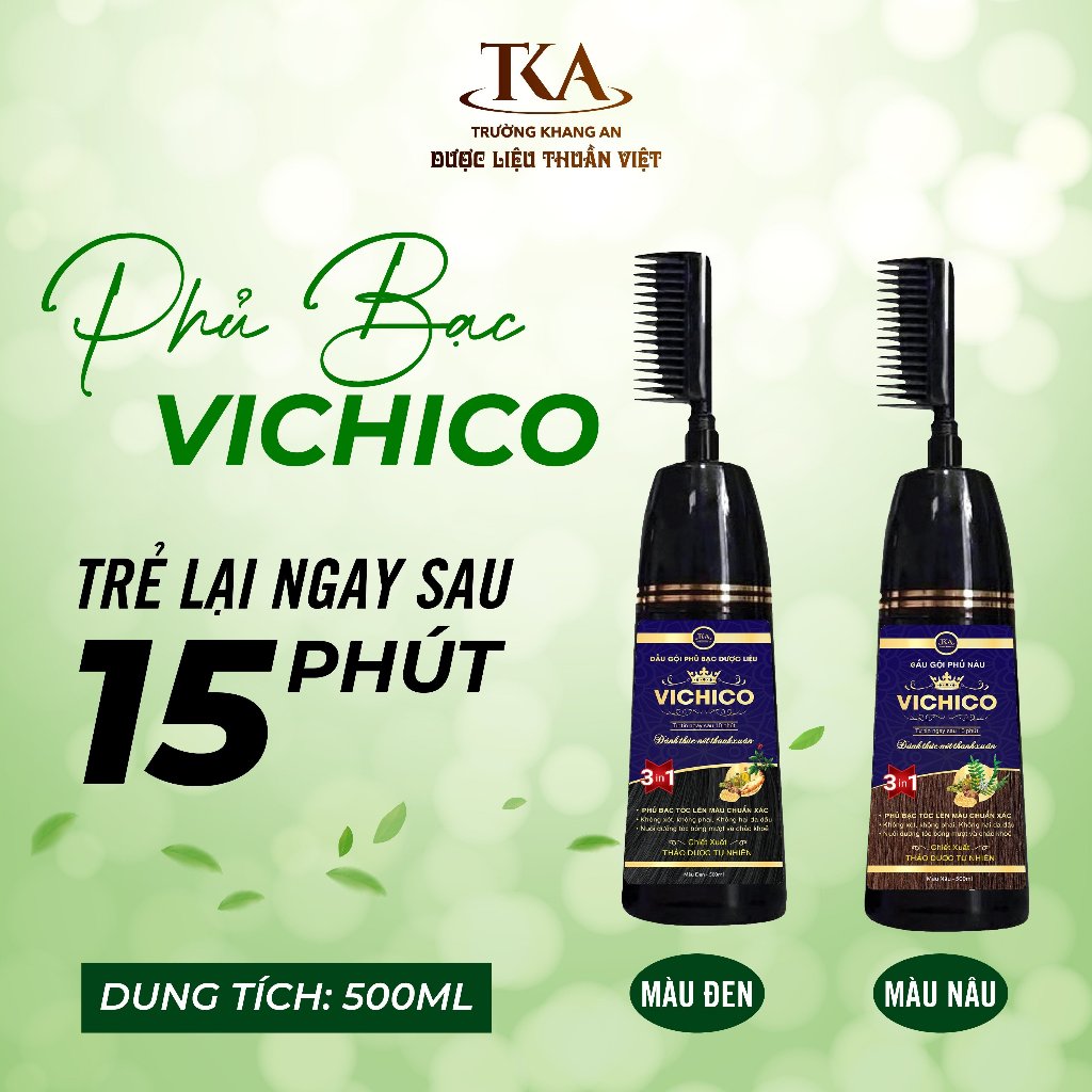 Dầu gội đầu phủ bạc nhuộm tóc Vichico 500ml 2 màu nâu và đen - Hàng chính hãng