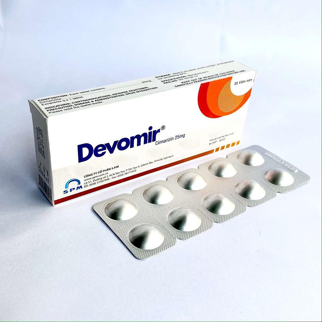 Cinnarizin 25 mg - Devomir 25mg, giảm chóng mặt, say xe - Hộp 30 viên