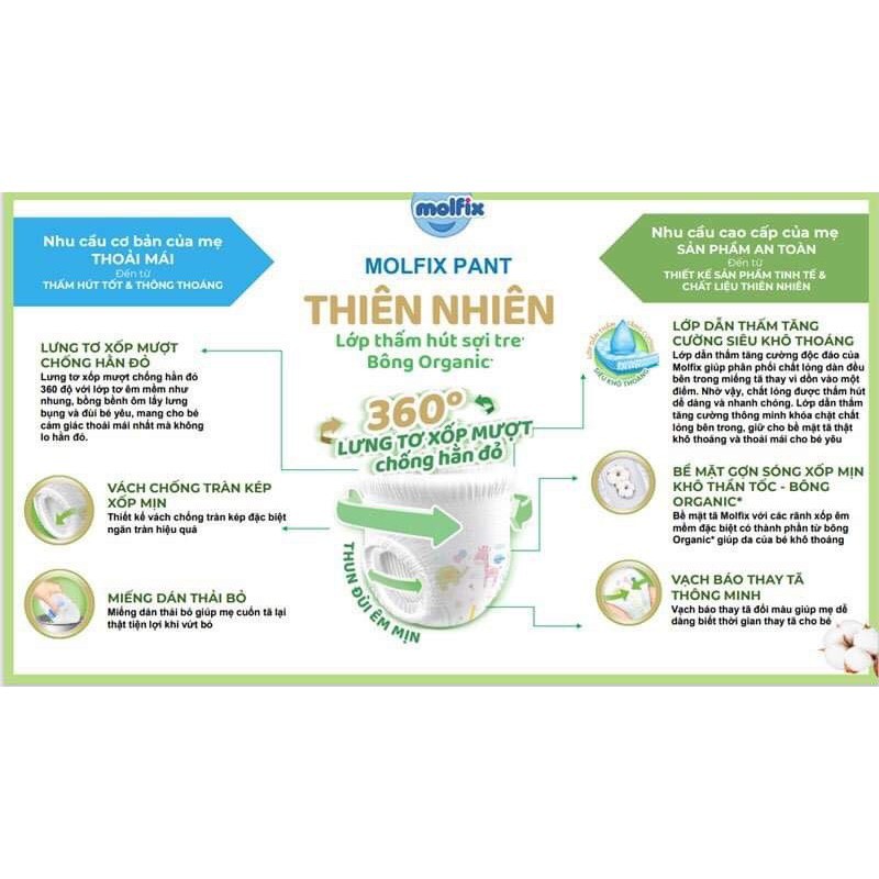 Tã/bỉm quần molfix thiên nhiên bịch trung S46+8 , M42+6 , L36+6 , XL34+6 , XXL28+6 , XXXL24+6