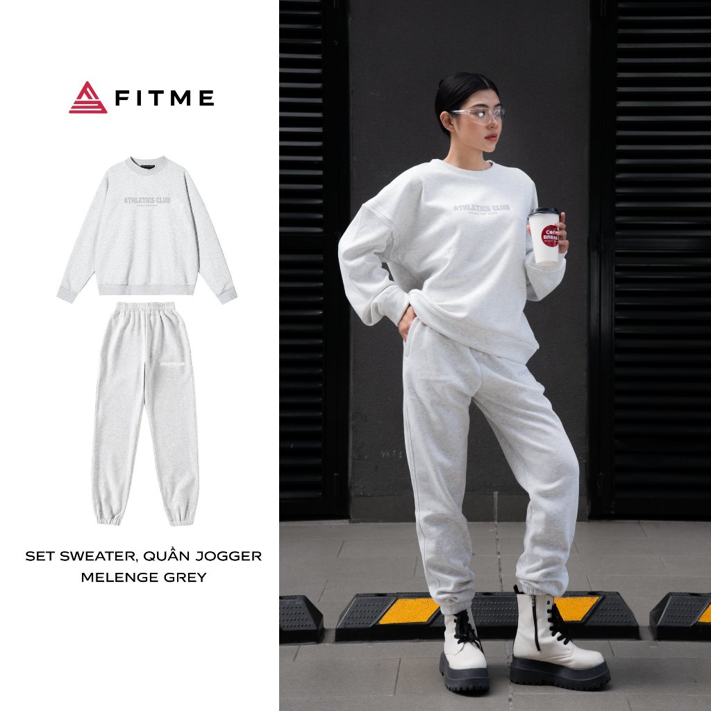 Bộ nỉ lông nam nữ Fitme áo sweater dày dặn, quần jogger màu Melenge Grey