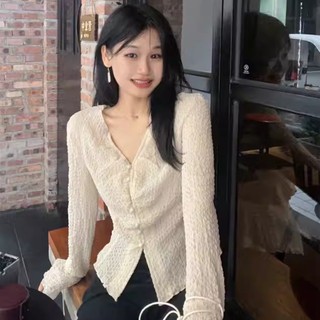Áo kiểu tay dài loe cổ v phối hàng cúc cài trơn phối dây buộc