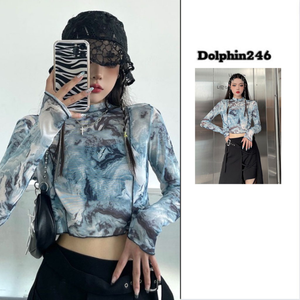 Áo Croptop Dài Tay Áo Thun Lưới Mỏng Dáng Rộng Cho Nữ Họa Tiết Độc Đáo Phong Cách Hàn Quốc Cá Tính M283 S2-5.3