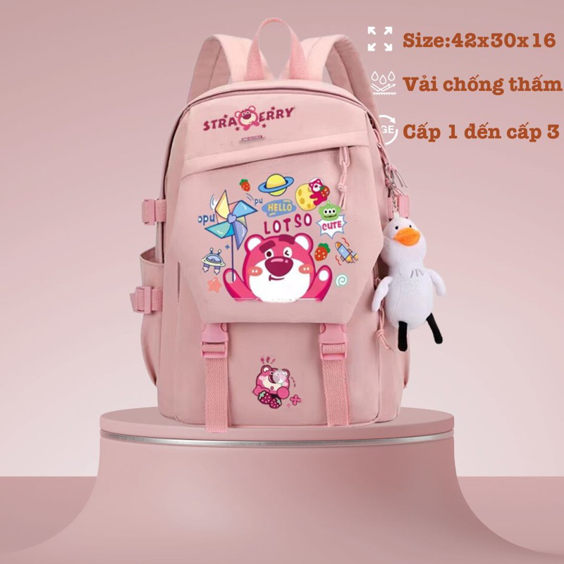 Balo gấu dâu 42x30x15 học sinh cấp 1, cấp 2, cấp 3 cute