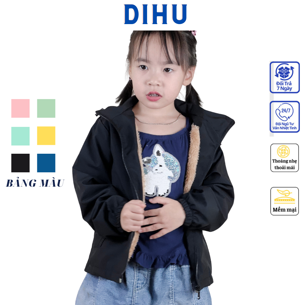 áo khoác lông cho bé gái trai bé gái DIhu, áo ấm lót lông trẻ em vải gió dù chống nước gió bụi tia UV