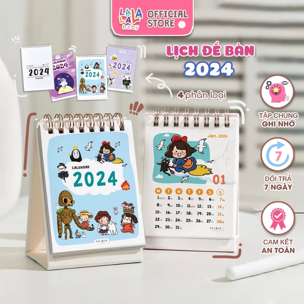 Lịch để bàn 2024 có lịch âm mini cute kèm ghi chú Calendar nhiều mẫu Lalala Baby