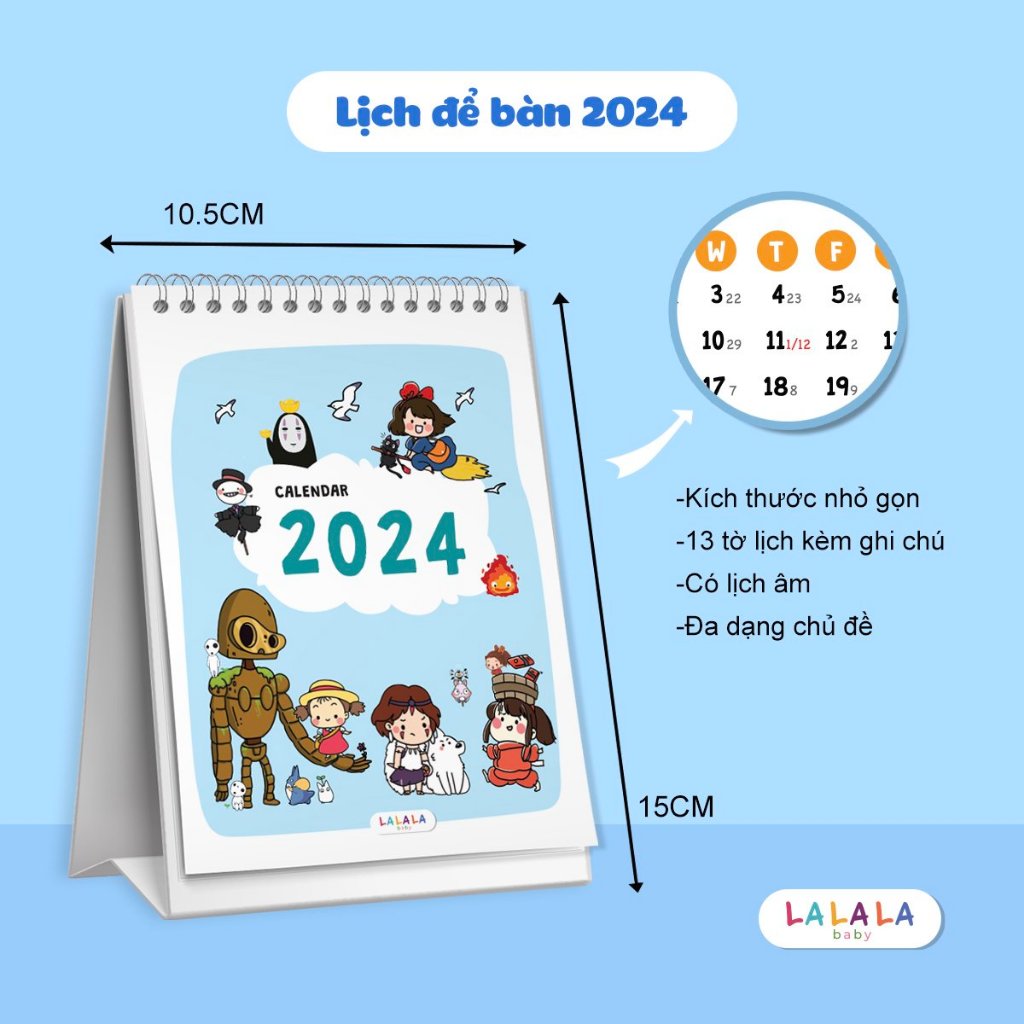 Lịch để bàn 2024 có lịch âm mini cute kèm ghi chú Calendar nhiều mẫu Lalala Baby