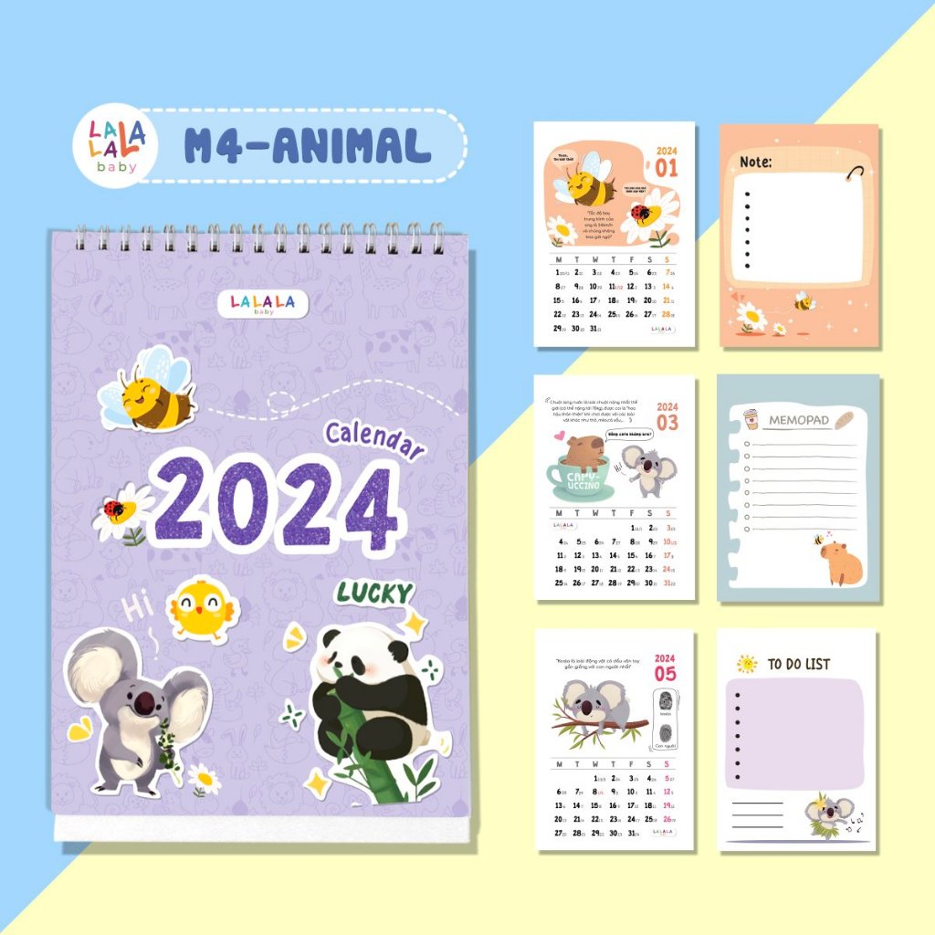 Lịch để bàn 2024 có lịch âm mini cute kèm ghi chú Calendar nhiều mẫu Lalala Baby