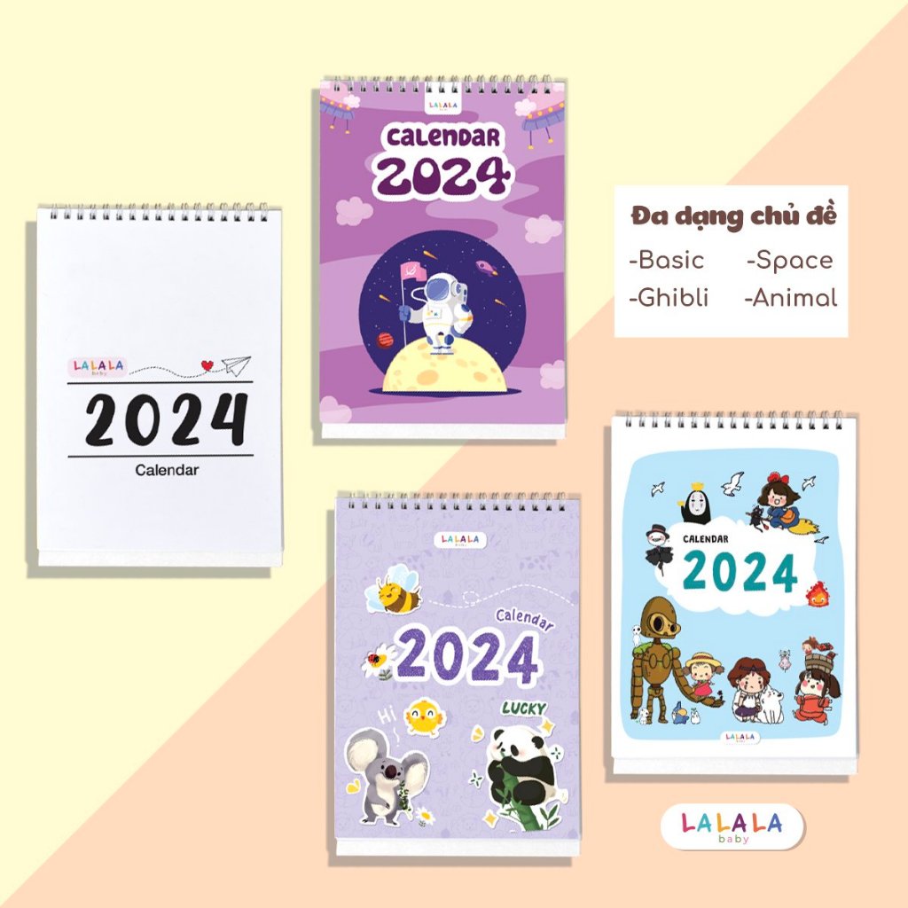 Lịch để bàn 2024 có lịch âm mini cute kèm ghi chú Calendar nhiều mẫu Lalala Baby