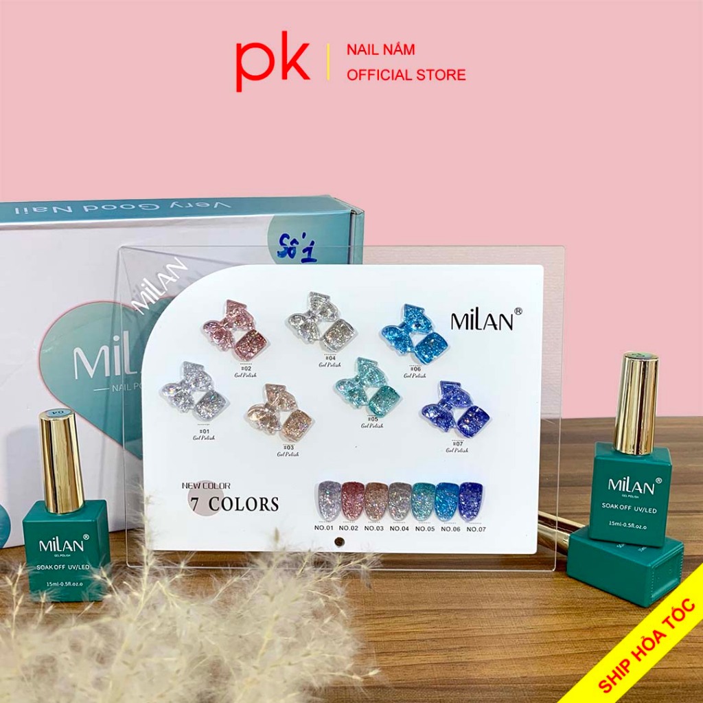 Set sơn gel 7 màu nhũ kim tuyên siêu sáng MiLan số 1 tặng kèm bảng màu