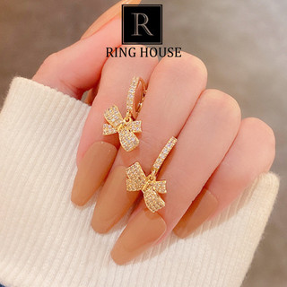 (Cao cấp) E152 Khuyên tai bông tai nữ nơ thả đính ngọc hàng xịn bền màu Ring House