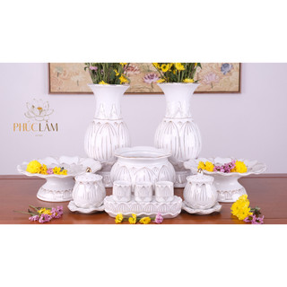 Bộ thờ cúng- set đồ thờ phụng họa tiết hoa sen trắng in nổi sứ cao cấp