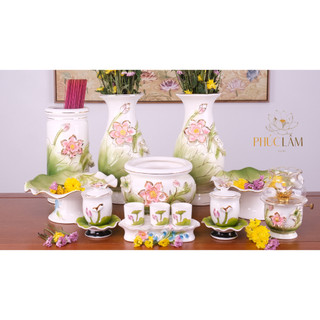 Bộ thờ cúng sứ kim sen hồng họa tiết nổi cao cấp