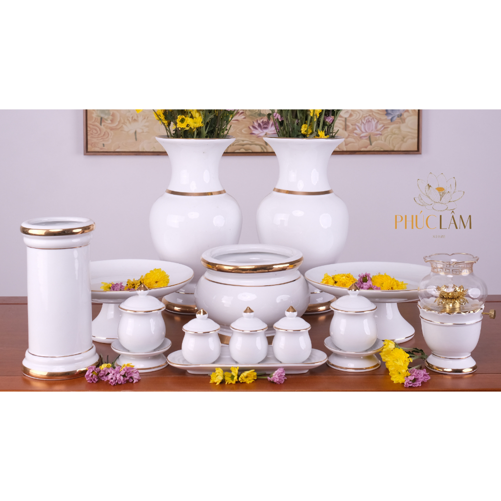 Bộ thờ cúng - set đồ thờ sứ trắng viền vàng cao cấp