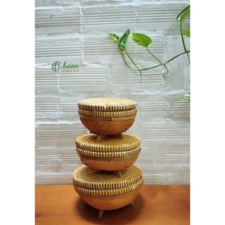Thúng tre nhỏ đựng đồ, decor; Thúng tre có nắp, có chân đan thủ công