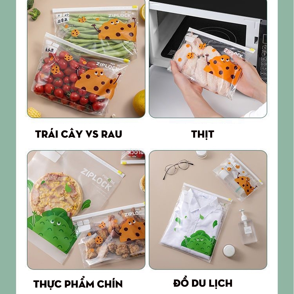 Túi zip đựng thực phẩm kín khí, dai và bền tái sử dụng, có hình rau củ ngộ nghĩnh kèm nhãn ghi chú.