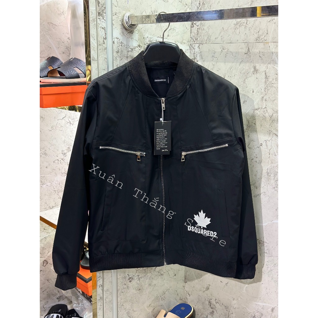 Áo Khoác Bomber Mũ Dạ Phối Tay Da Nam Nữ DSQ Mix Khóa Và Thêu Da Lá Phong Chữ ICON Sau Lưng Chất Liệu Dạ Cao Cấp