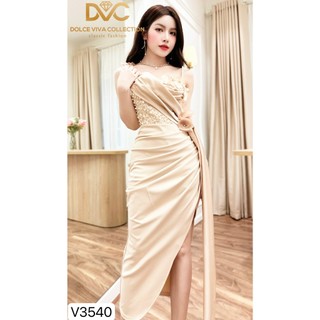 VÁY THIẾT KẾ DVC - V3540 - Váy body nude nhún bèo eo, lệch vai dây ngọc, đính đá -  DỰ TIỆC, CÔNG SỞ, DẠO PHỐ