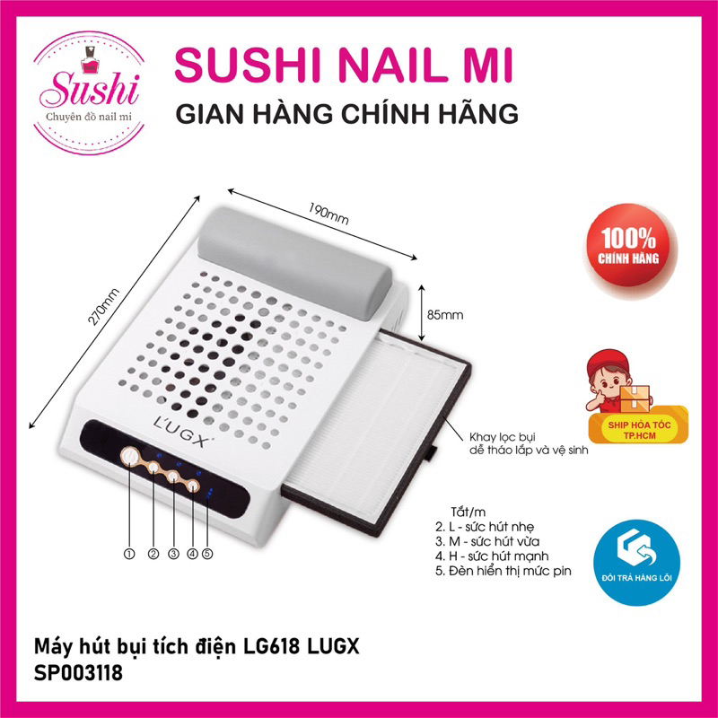 Máy hút bụi móng tay tích điện L’UGX LG618 - Máy hút bụi  cao cấp, chạy rất êm và khỏe - Sushi nail mi
