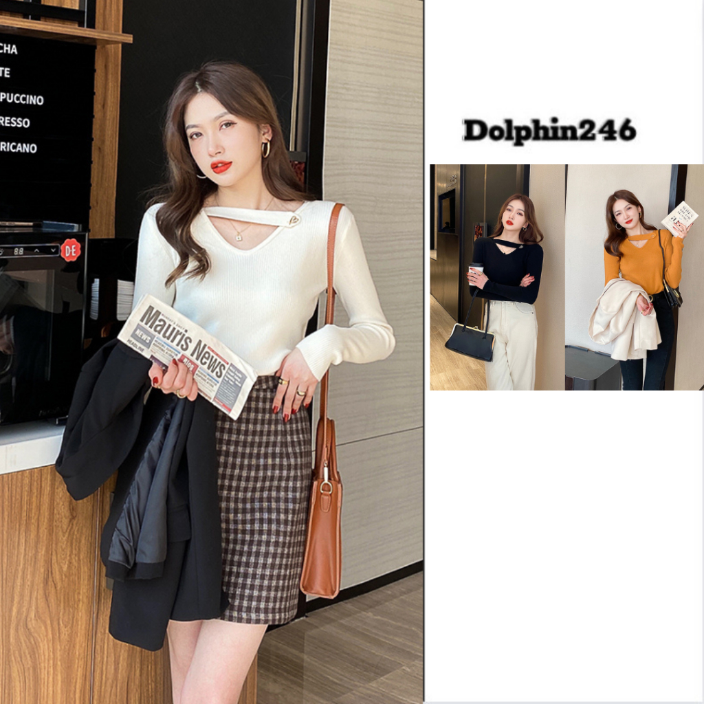 Áo len dài tay cổ V thiết kế cổ choker đính họa tiết tim độc đáo dáng ôm chất len tăm mềm mịn Quảng Châu M369 CT-19.6A