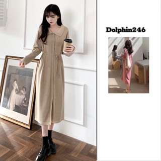  Váy len dáng suông dài kèm dây thắt eo đầm cổ bẻ POLO cài dọc khuy style nhẹ nhàng hàng quảng châu M367 CT-40.2 