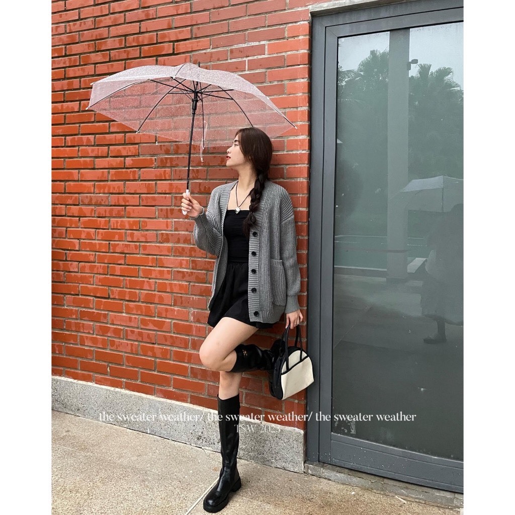 Áo Khoác Cardigan Dáng Dài from Rộng Tay Dài Cổ V Phối Gân Dọc Basic Đơn Giản Phong Cách Hàn Quốc Hàng Qccc
