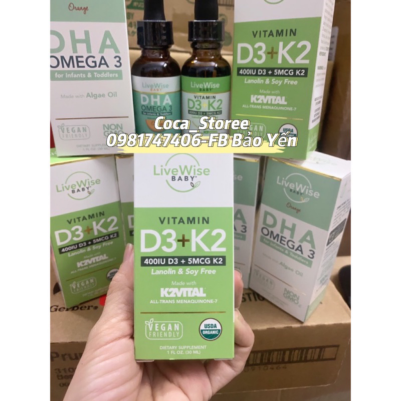 Bộ đôi Vitamin D3K2 và DHA Omega 3 Livewise Baby Thuần Chay của Mỹ cho bé từ 0m