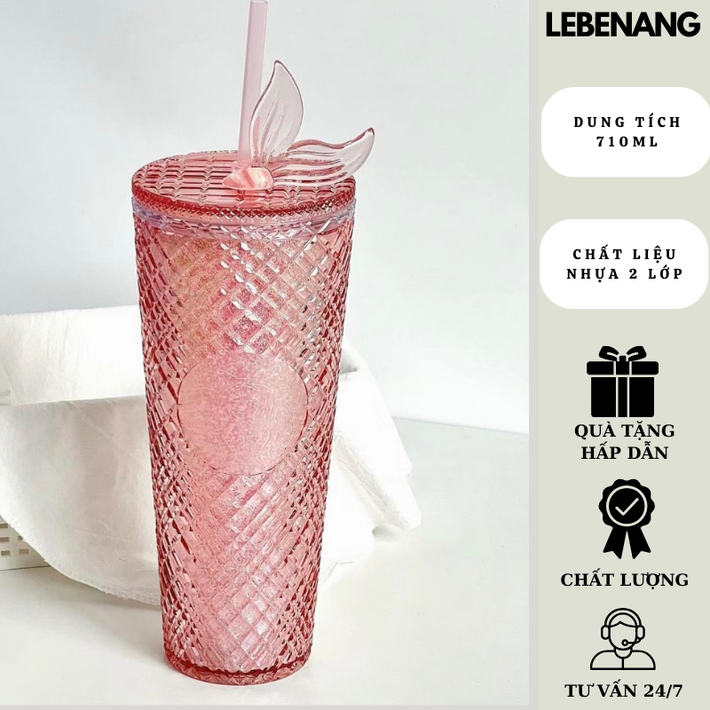 Ly giữ nhiệt Starbucks Pink Jeweled 710 ml, bình nước nhựa 2 lớp kèm ống hút topper đuôi cá Lebenang
