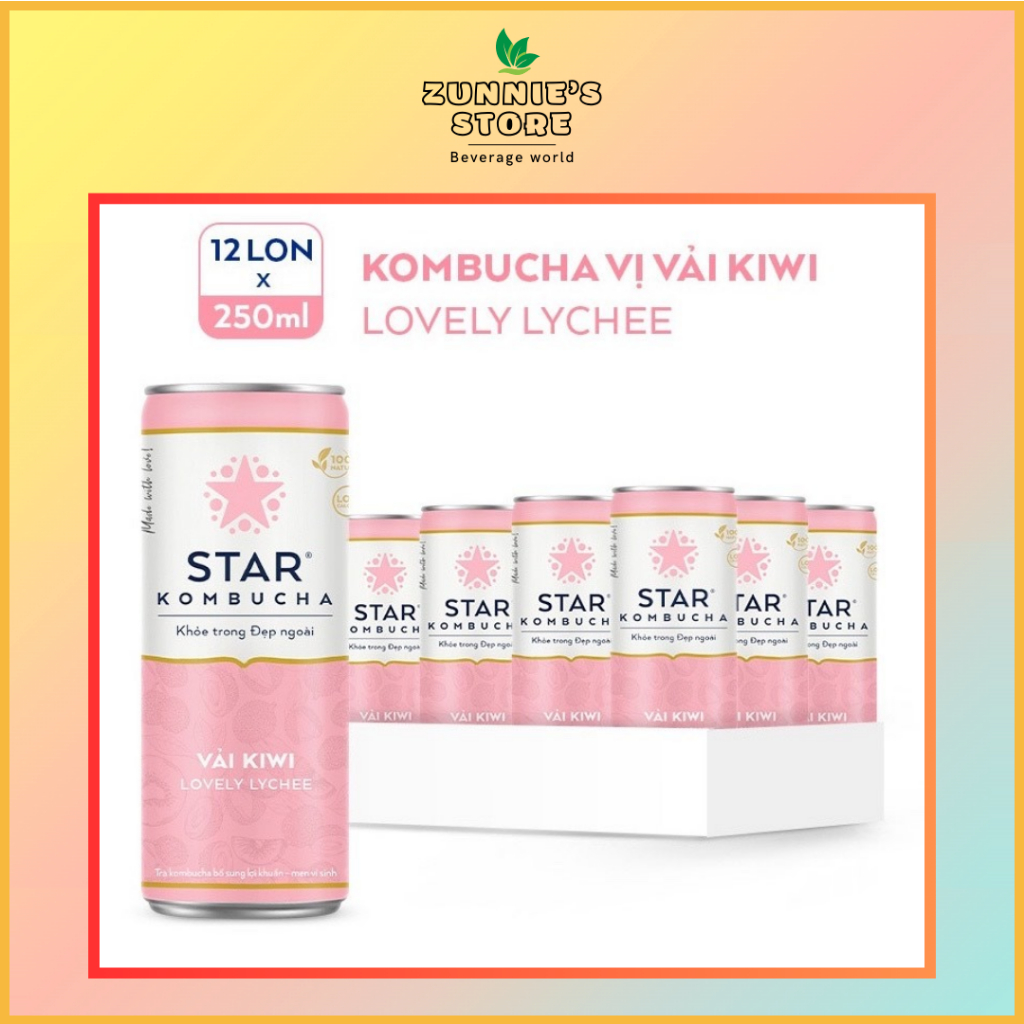 Thùng 12 lon trà STAR KOMBUCHA Vải Kiwi – trà lên men vi sinh – giải pháp cho sức khỏe và sắc đẹp