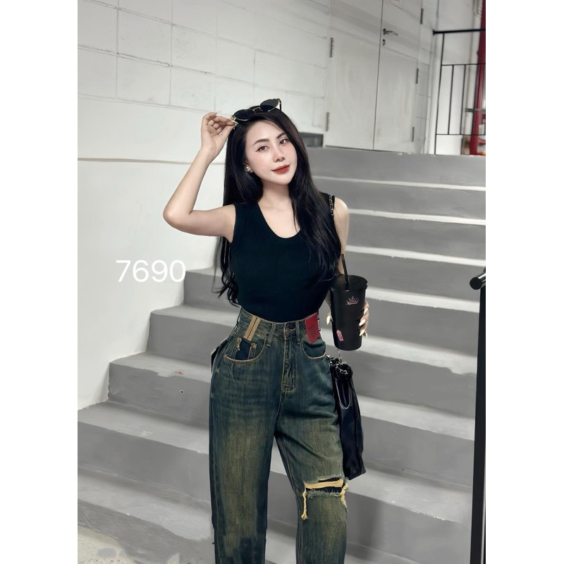 Quần Jeans Baggy Rách Pha Cạp Đỉa Nâu