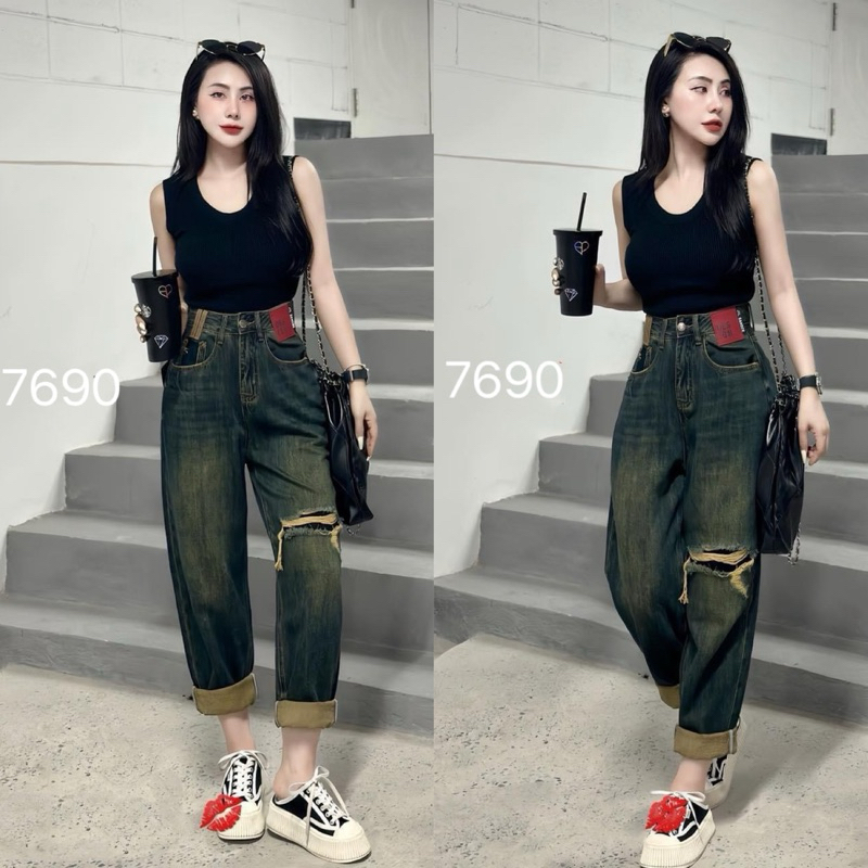 Quần Jeans Baggy Rách Pha Cạp Đỉa Nâu