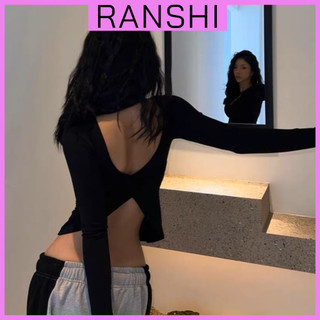 Áo Croptop Tay Dài RANSHI Thiết Kế Cổ Tròn Hở Lưng Gợi Cảm Chất Thun Borip Mềm Mại - RA188