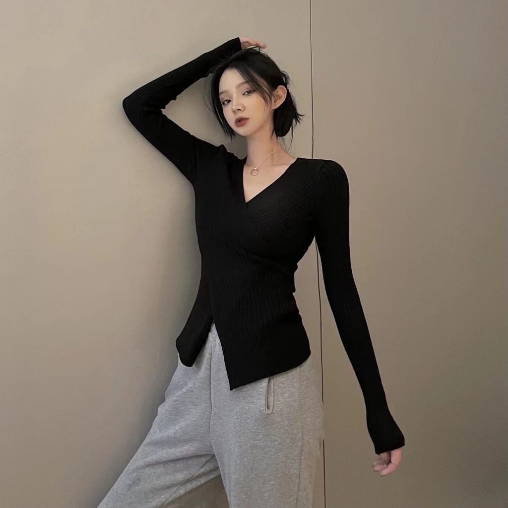 Áo Len Dài Tay RANSHI Thiết Kể Cổ Tim Phối Vạt Chéo Siêu Xinh Ôm Sát Body - RA189