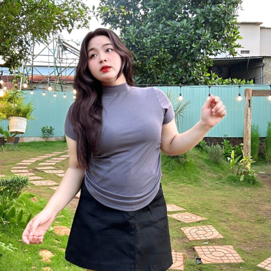 Áo thun bigsize nữ cổ lọ tay ngắn chiết eo 2 bên dáng ôm dành cho nàng mũm mĩm 58-95 kg G202