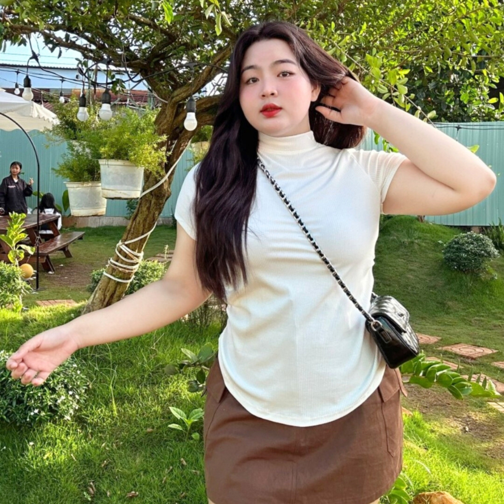 Áo thun bigsize nữ cổ lọ tay ngắn chiết eo 2 bên dáng ôm dành cho nàng mũm mĩm 58-95 kg G202