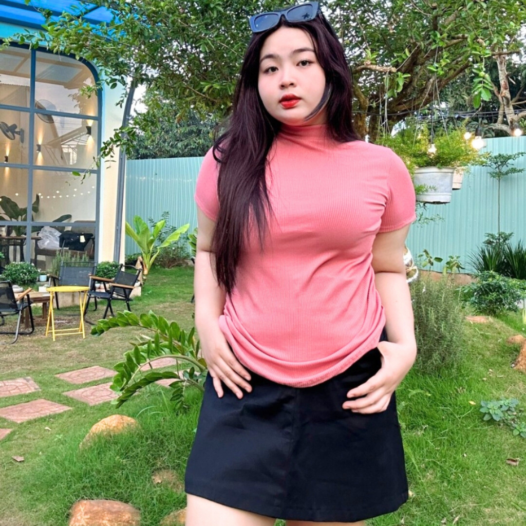 Áo thun bigsize nữ cổ lọ tay ngắn chiết eo 2 bên dáng ôm dành cho nàng mũm mĩm 58-95 kg G202