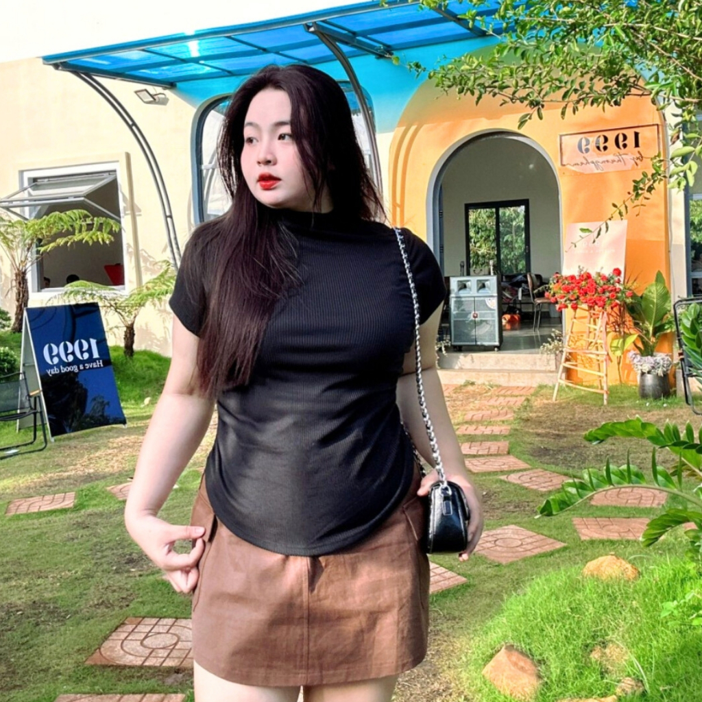 Áo thun bigsize nữ cổ lọ tay ngắn chiết eo 2 bên dáng ôm dành cho nàng mũm mĩm 58-95 kg G202