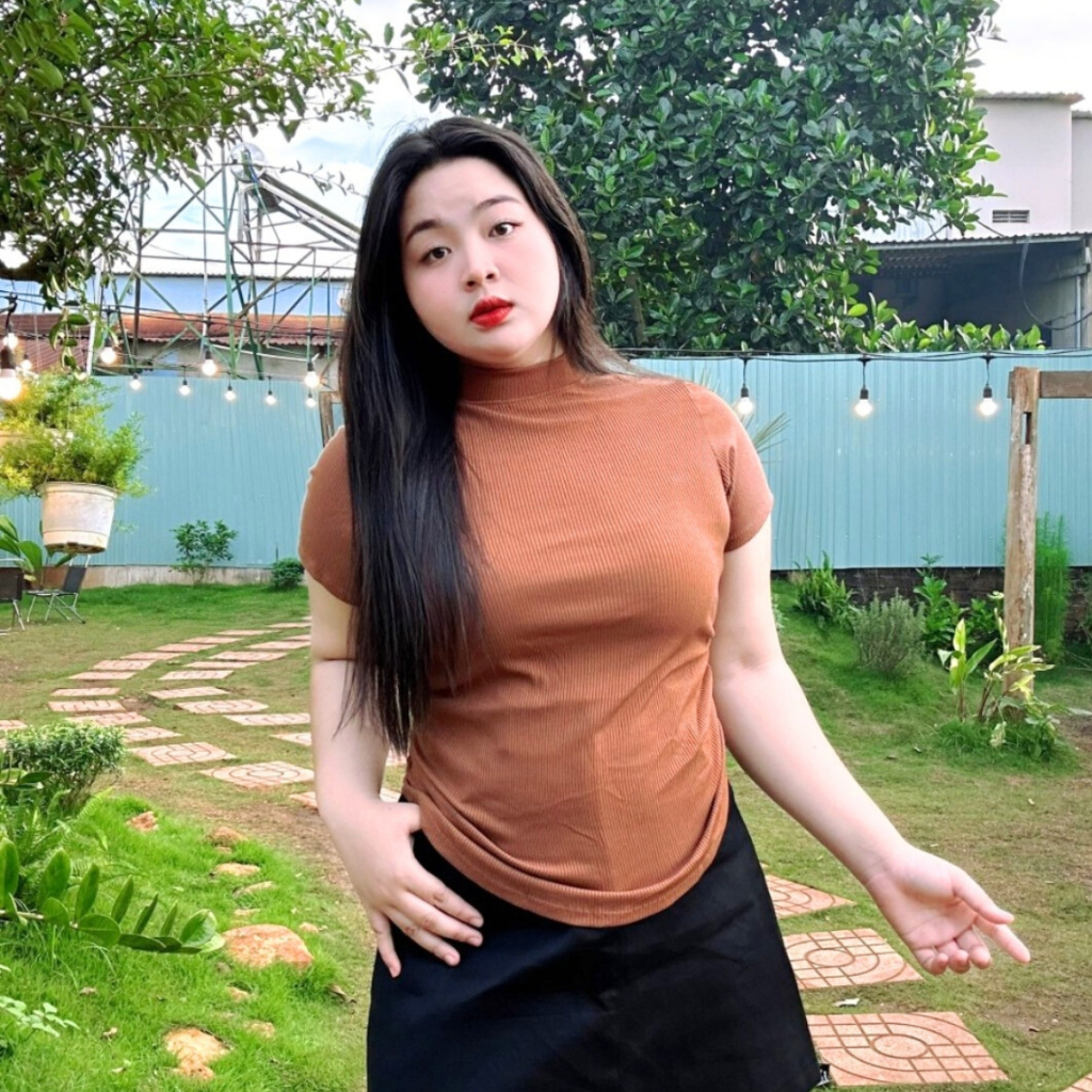 Áo thun bigsize nữ cổ lọ tay ngắn chiết eo 2 bên dáng ôm dành cho nàng mũm mĩm 58-95 kg G202