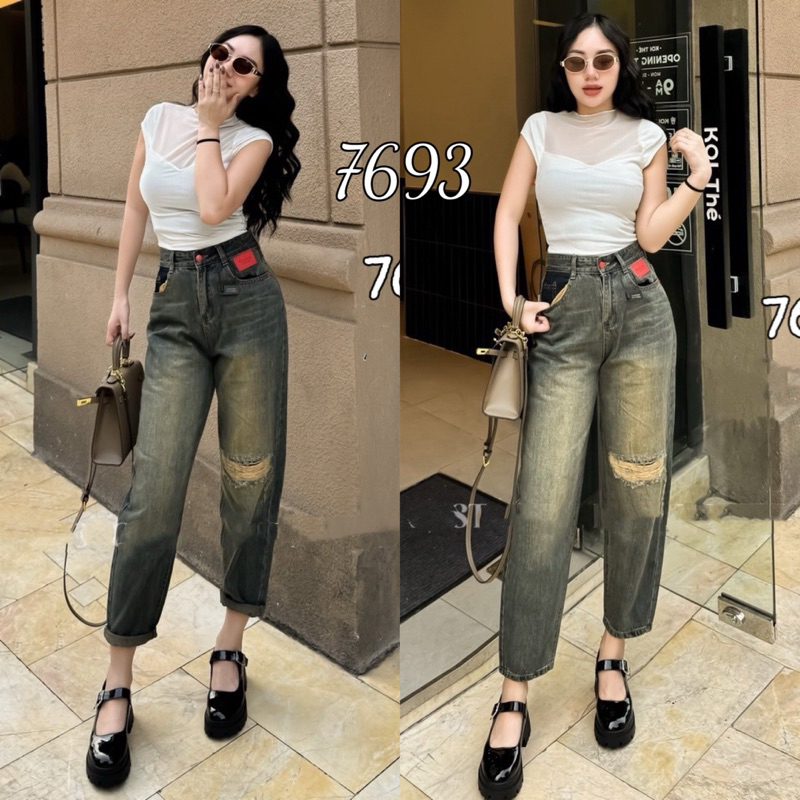 Quần Jeans Baggy Rách Pha Cạp Đỉa Nâu
