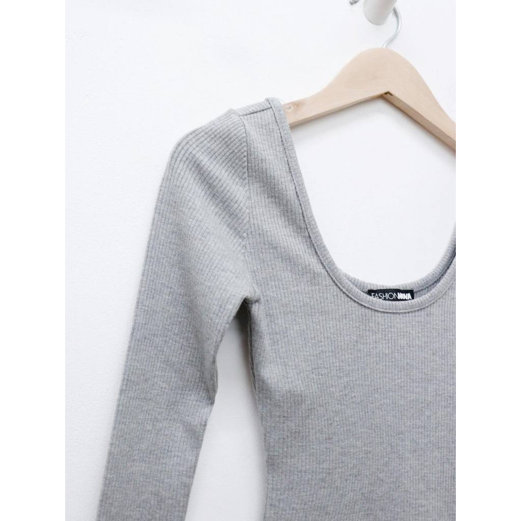 C3613 - Romper thun gân cổ tròn tay dài trơn