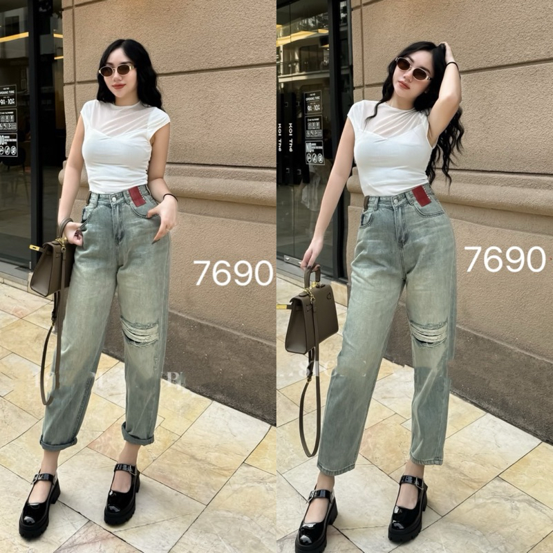 Quần Jeans Baggy Rách Pha Cạp Đỉa Nâu