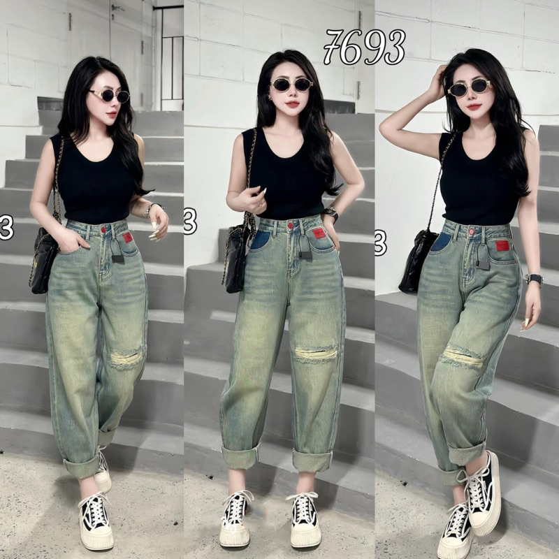 Quần Jeans Baggy Rách Pha Cạp Đỉa Nâu