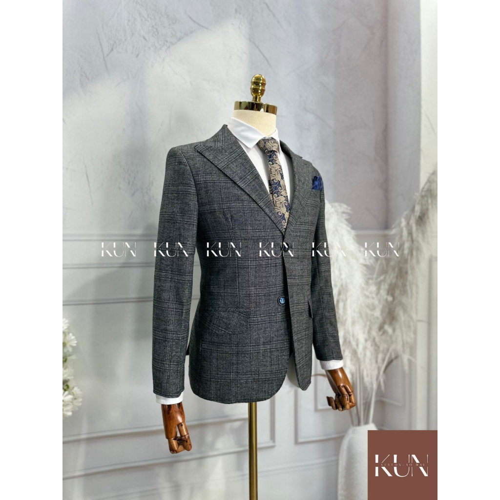 Bộ vest nam 2 khuy, áo vest kẻ vuông nâu 2 lớp, quần âu áo vest form chuẩn cao cấp - V6