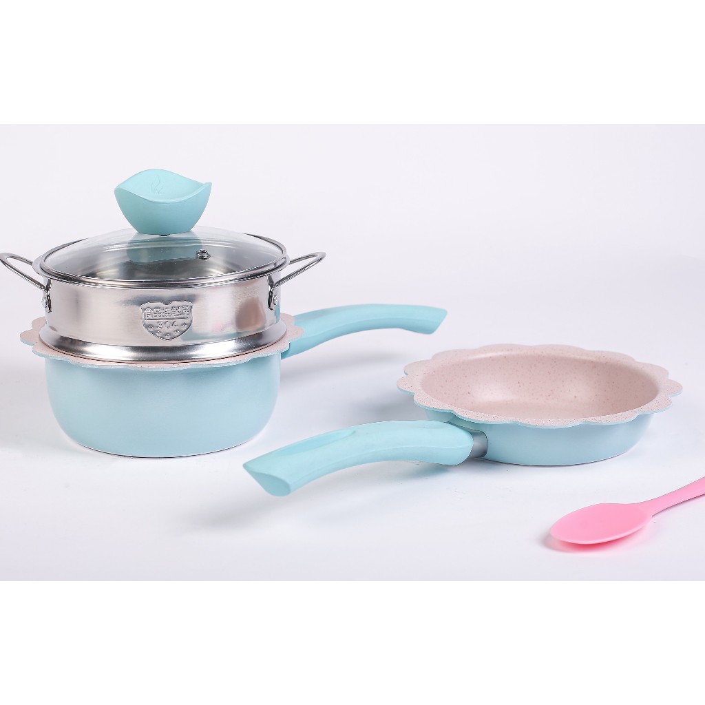 Bộ Nồi Chảo Nấu Ăn Dặm 3 Món SEKA Men Đá Hoa Cương Chống Dính Chính Hãng Dùng Được Mọi Loại Bếp